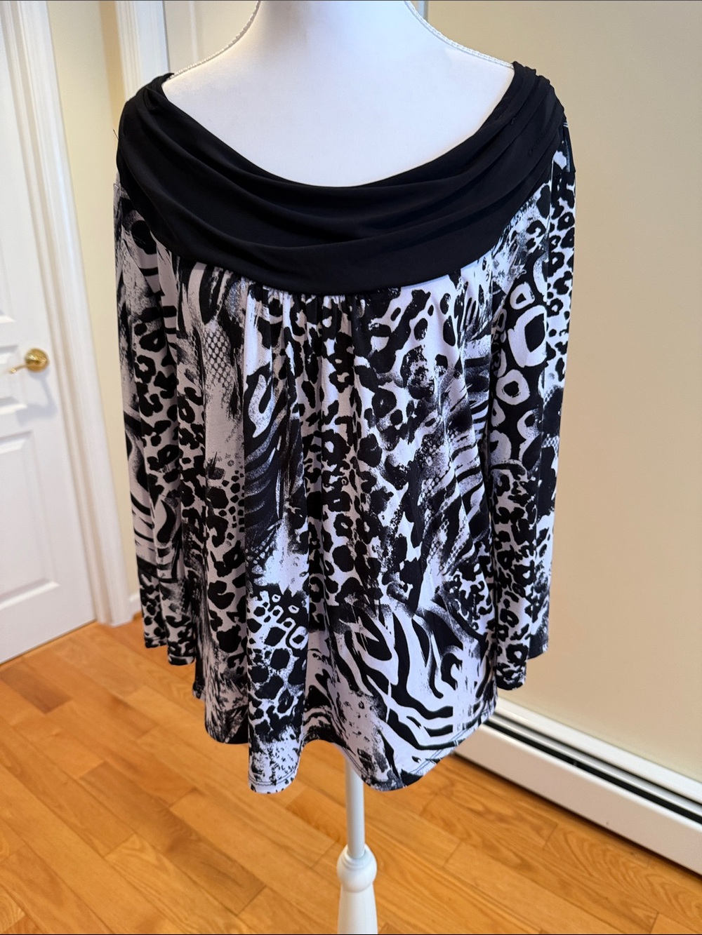 Bleeker and McDougal Black & White Animal-Print Cowl Neck Blouse